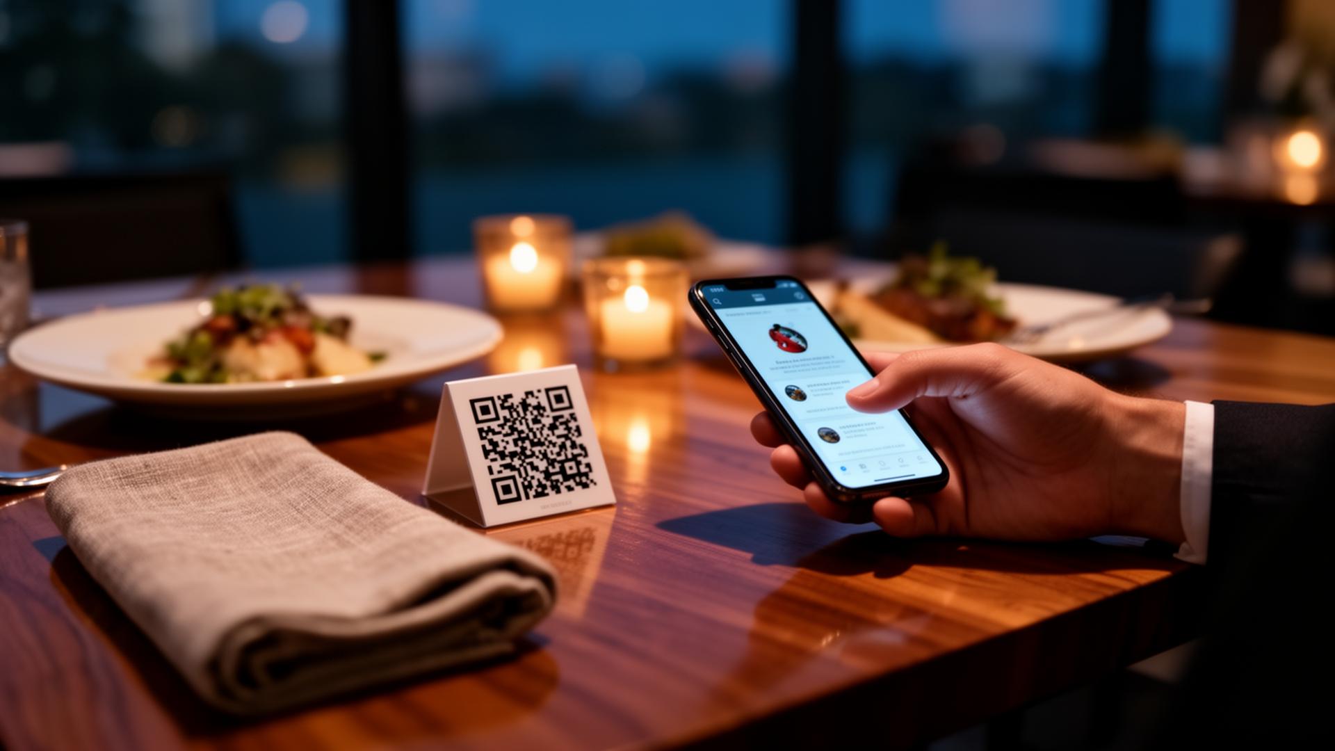 Diner scanning a tabletop QR placard at an elegant restaurant